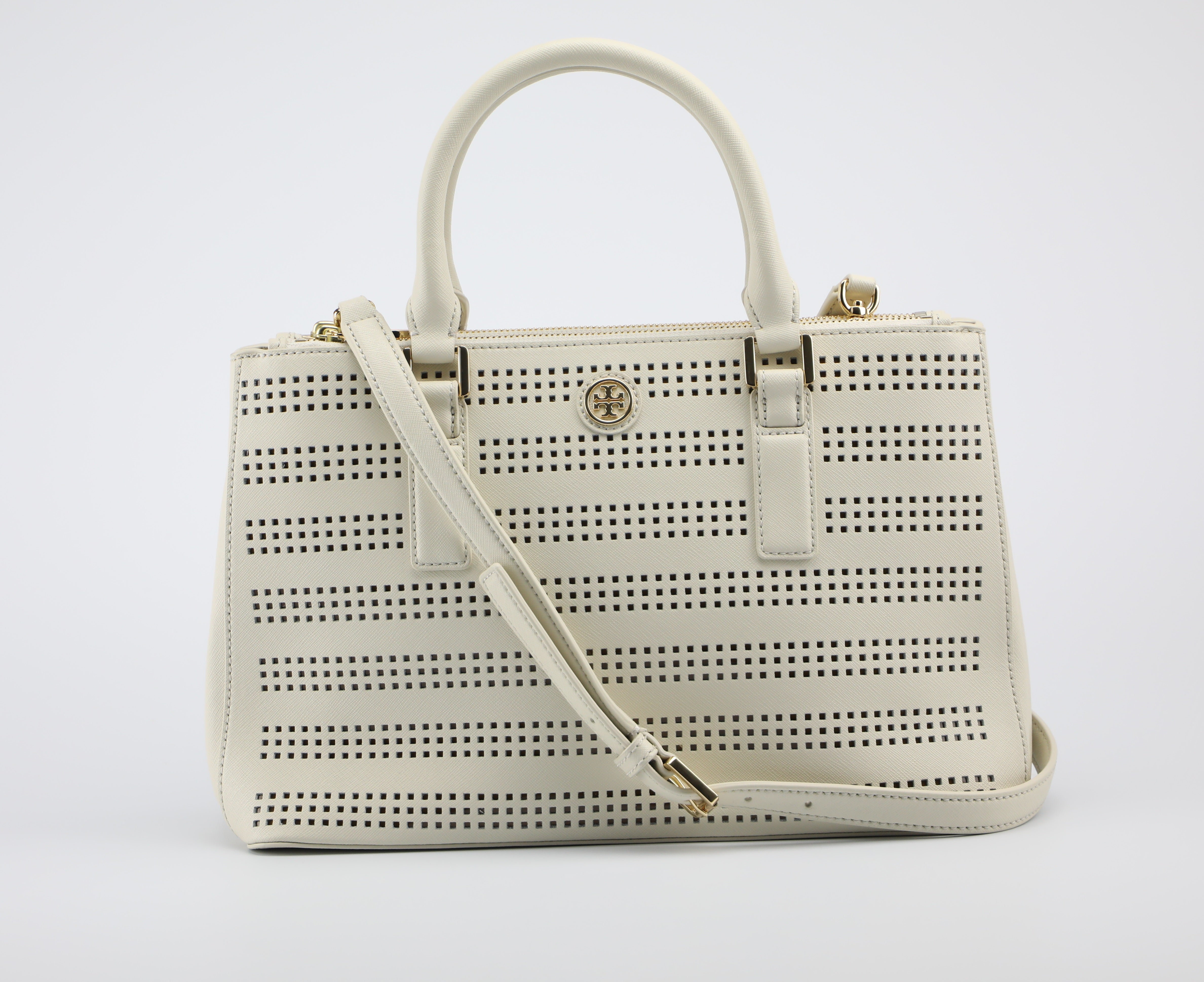 Tory Burch Robinson Perforated Mini Double Zip Tote Bag –