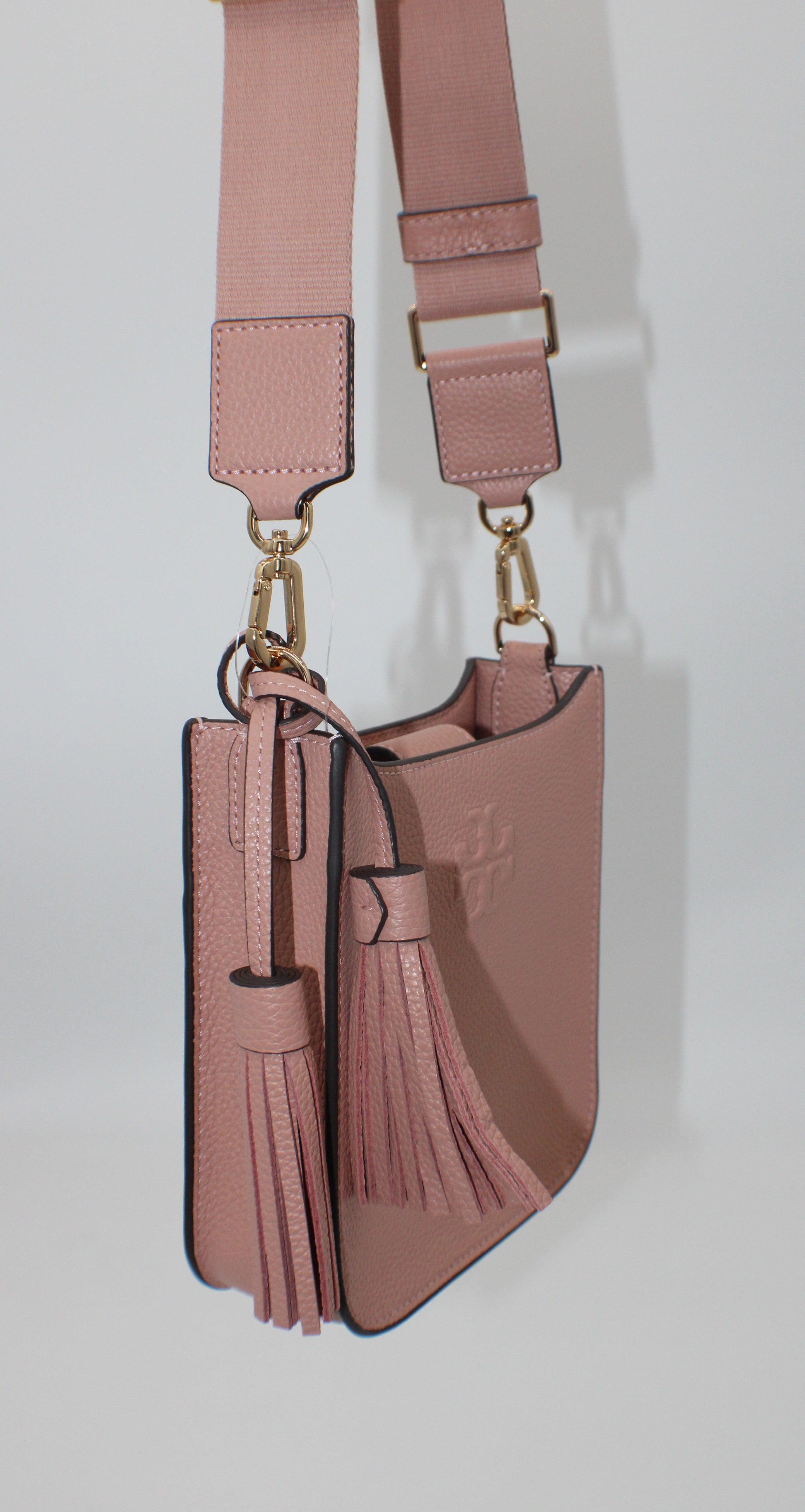 Tory Burch Thea Mini Pink Moon Pebbled Leather Web Satchel Crossbody Bag  196133098479
