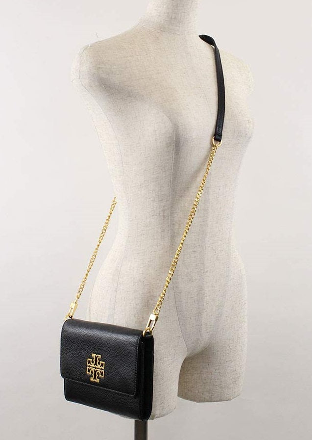 Tory Burch 140987 Britten Black Pebbled Leather With Gold Hardware Small  Women's Adjustable Shoulder Bag: Handbags
