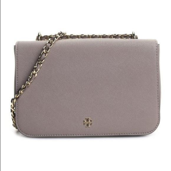 Tory Burch Emerson Envelope Adjustable Shoulder Bag Saffiano Leather  Crossbody Brand New French Gray