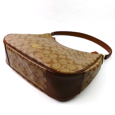 バッグ COACH Signature Shoulder Bag Brown Lea Coach Signature Canvas Leather Zip Shoulder Bag