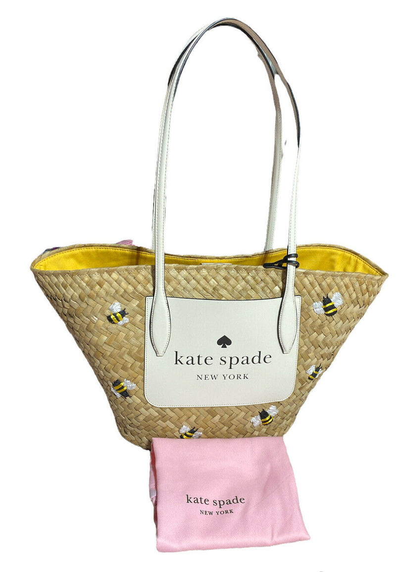 Kate Spade Honey Bee Large Natural Multi Embroidered Straw Tote