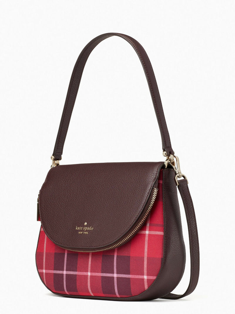 Buy the Kate Spade Leila Plaid Medium Flap Shoulder Bag in Red Fabric &  Leather
