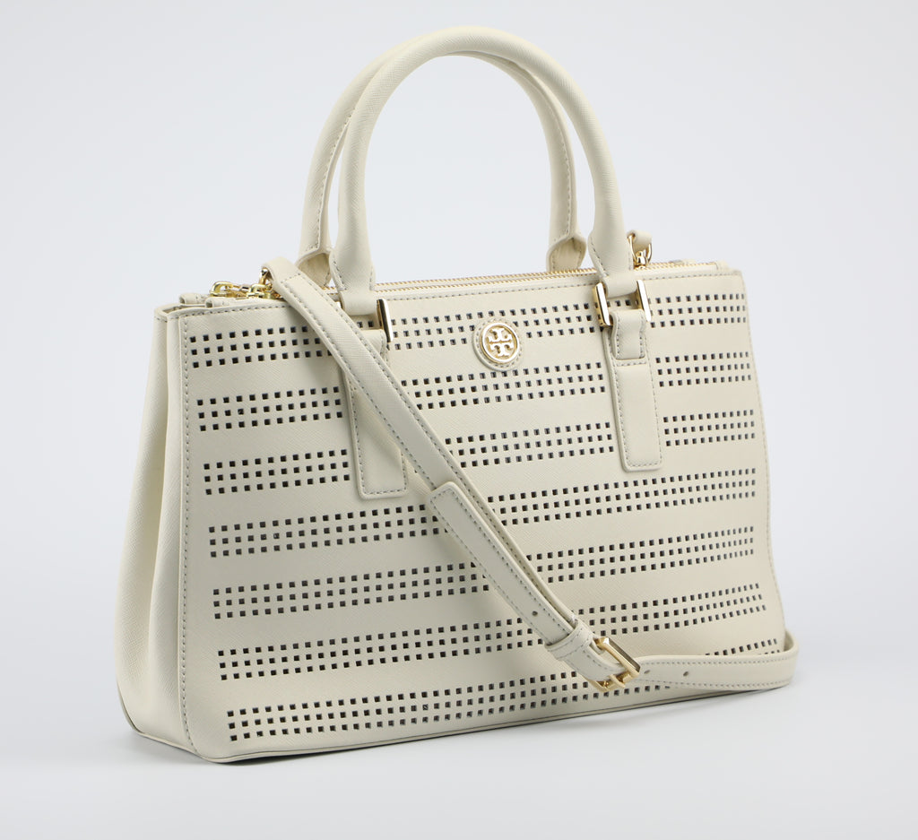 Tory Burch Robinson Perforated Mini Double Zip Tote in Birch Luggage